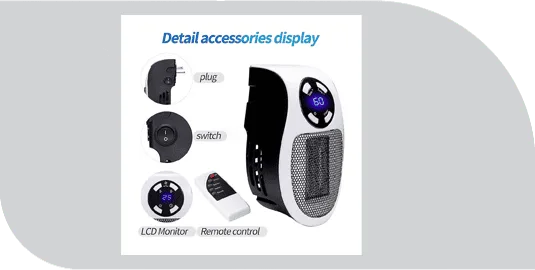 Ultra Air Heater accessories: plug, power switch, LCD monitor and remote control
