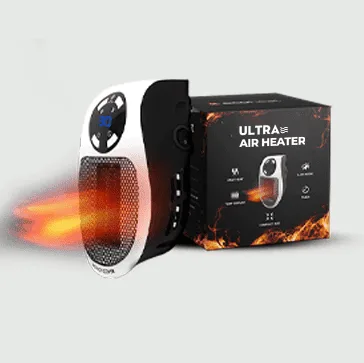 Ultra Air Heater plug-in heater next to its retail box with warm air flowing from the grille
